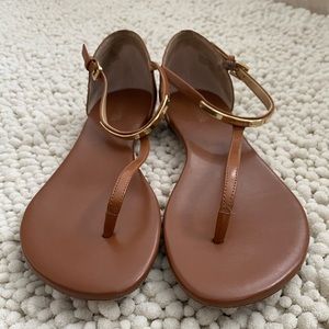 Michael Kors T Strap Brown Leather Sandals with Gold Hardware